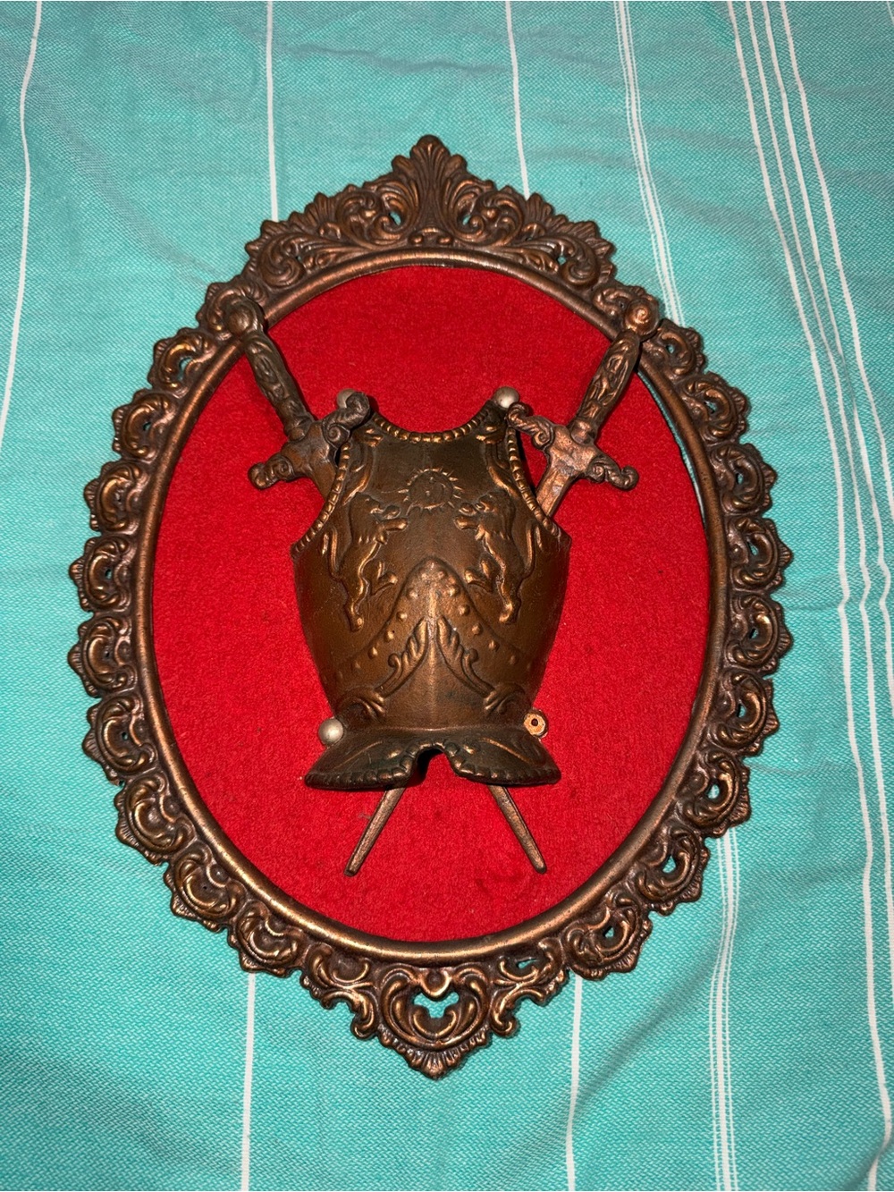Vintage Decorative Shield & Swords Wall Plaque - Bronze with Red Velvet